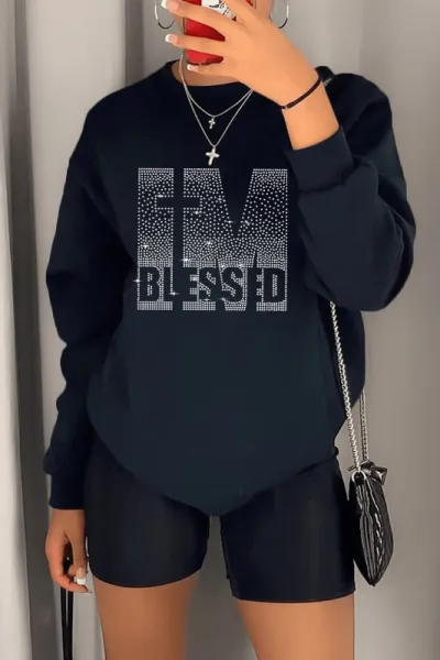 Women Fashion Casual Plus Size Spring Rhinestone Printed Long-Sleeve Sweatshirt Tight Shorts Two-Piece Set