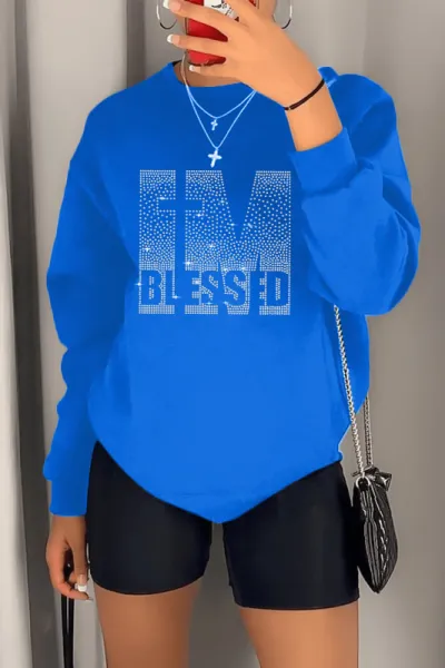 Women Fashion Casual Plus Size Spring Rhinestone Printed Long-Sleeve Sweatshirt Tight Shorts Two-Piece Set
