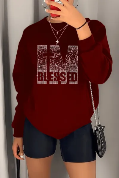 Women Fashion Casual Plus Size Spring Rhinestone Printed Long-Sleeve Sweatshirt Tight Shorts Two-Piece Set
