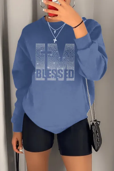 Women Fashion Casual Plus Size Spring Rhinestone Printed Long-Sleeve Sweatshirt Tight Shorts Two-Piece Set