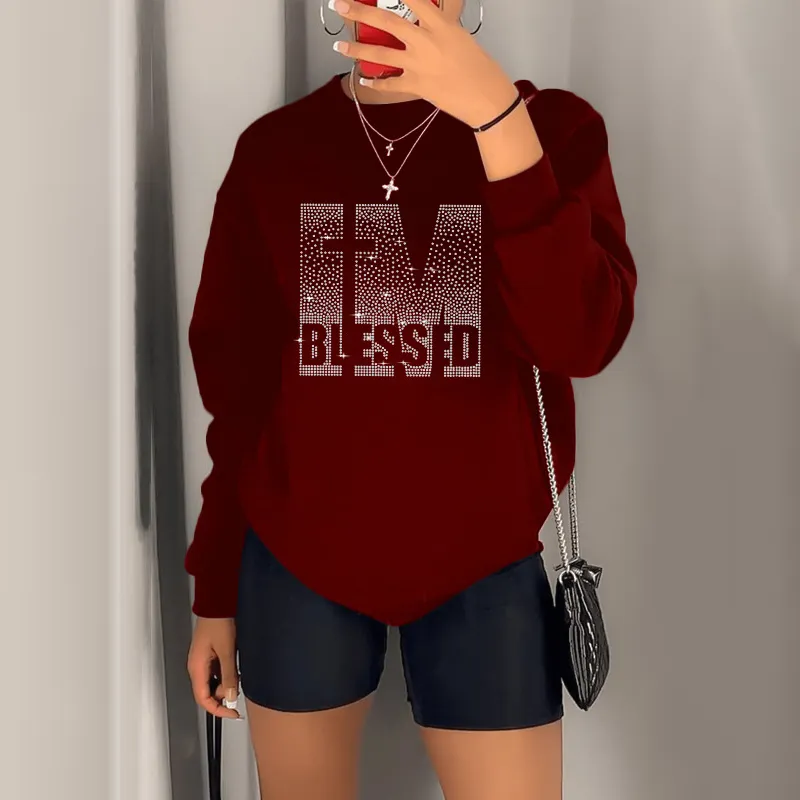 Women Fashion Casual Plus Size Spring Rhinestone Printed Long-Sleeve Sweatshirt Tight Shorts Two-Piece Set