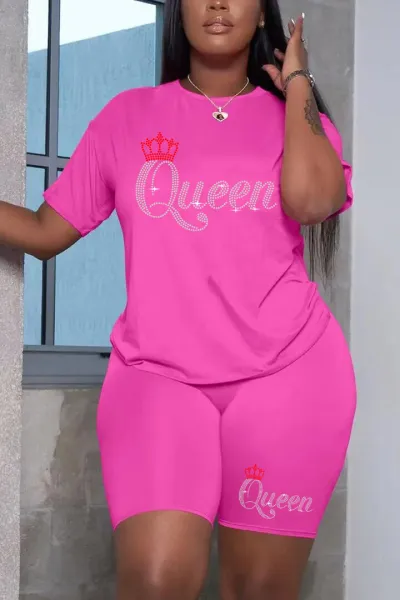 Women Fashion Casual Summer Plus Size Rhinestone Short-Sleeve T-Shirt Tight Shorts Two-Piece Set