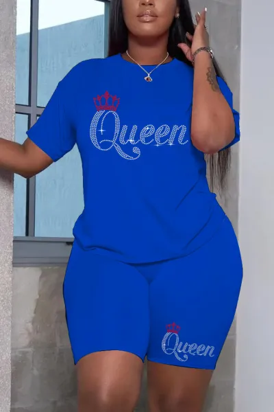 Women Fashion Casual Summer Plus Size Rhinestone Short-Sleeve T-Shirt Tight Shorts Two-Piece Set