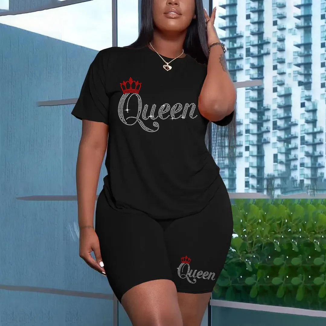 Women Fashion Casual Summer Plus Size Rhinestone Short-Sleeve T-Shirt Tight Shorts Two-Piece Set