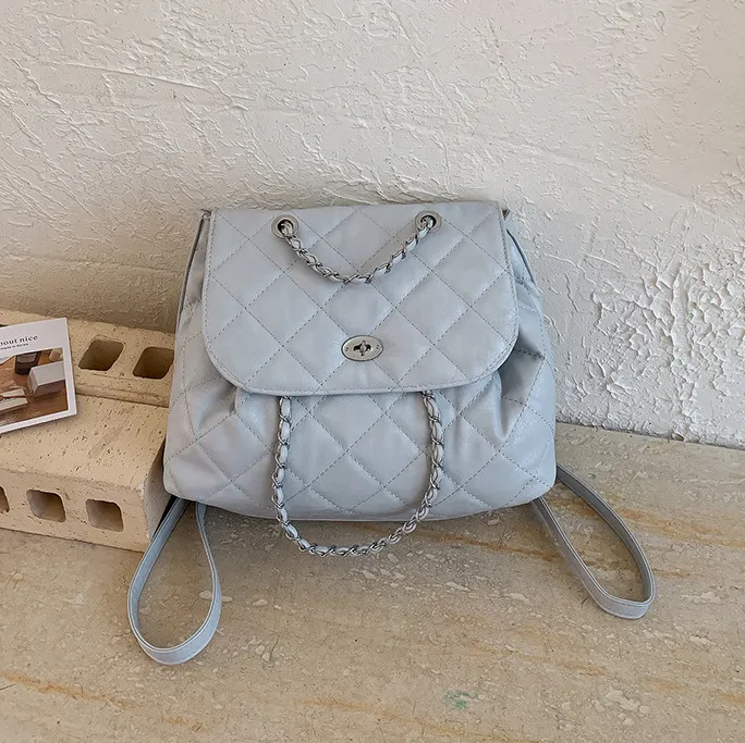 Women Fashion Casual Solid Color Rhombus Chain PU Backpack
