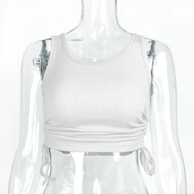 Women Fashion Sexy Summer Solid Color Rib Pleated Drawstring Sleeveless Crop Top