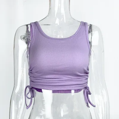 Women Fashion Sexy Summer Solid Color Rib Pleated Drawstring Sleeveless Crop Top