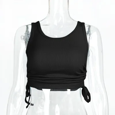 Women Fashion Sexy Summer Solid Color Rib Pleated Drawstring Sleeveless Crop Top