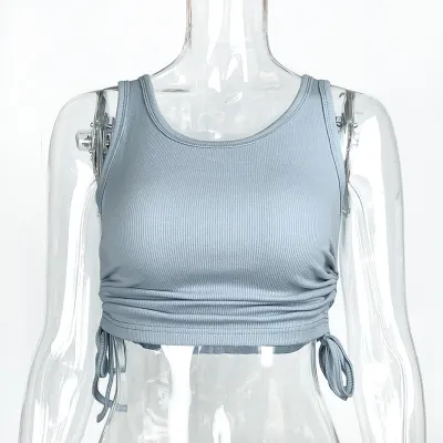 Women Fashion Sexy Summer Solid Color Rib Pleated Drawstring Sleeveless Crop Top
