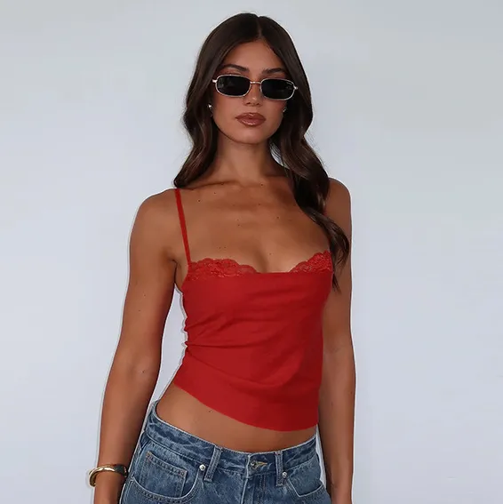 Women Fashion Sexy Summer Solid Color Lace Stitching Slim-Fit Crop Top