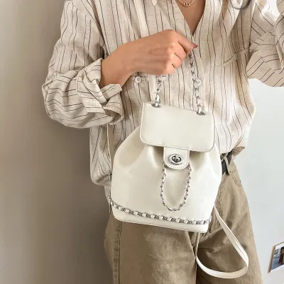 Women Fashion Casual Solid Color Chain Backpack PU Zipper