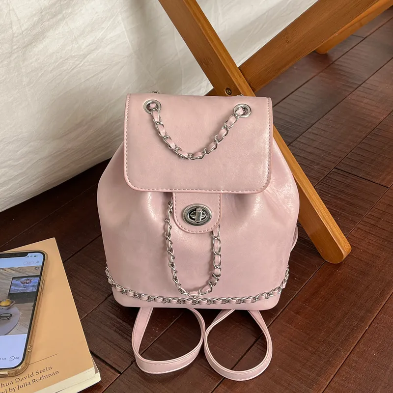 Women Fashion Casual Solid Color Chain Backpack PU Zipper