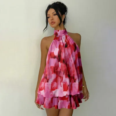 Women Sexy Summer Tie Dye Halter-Neck Sleeveless Backless Puffy Mesh Dress