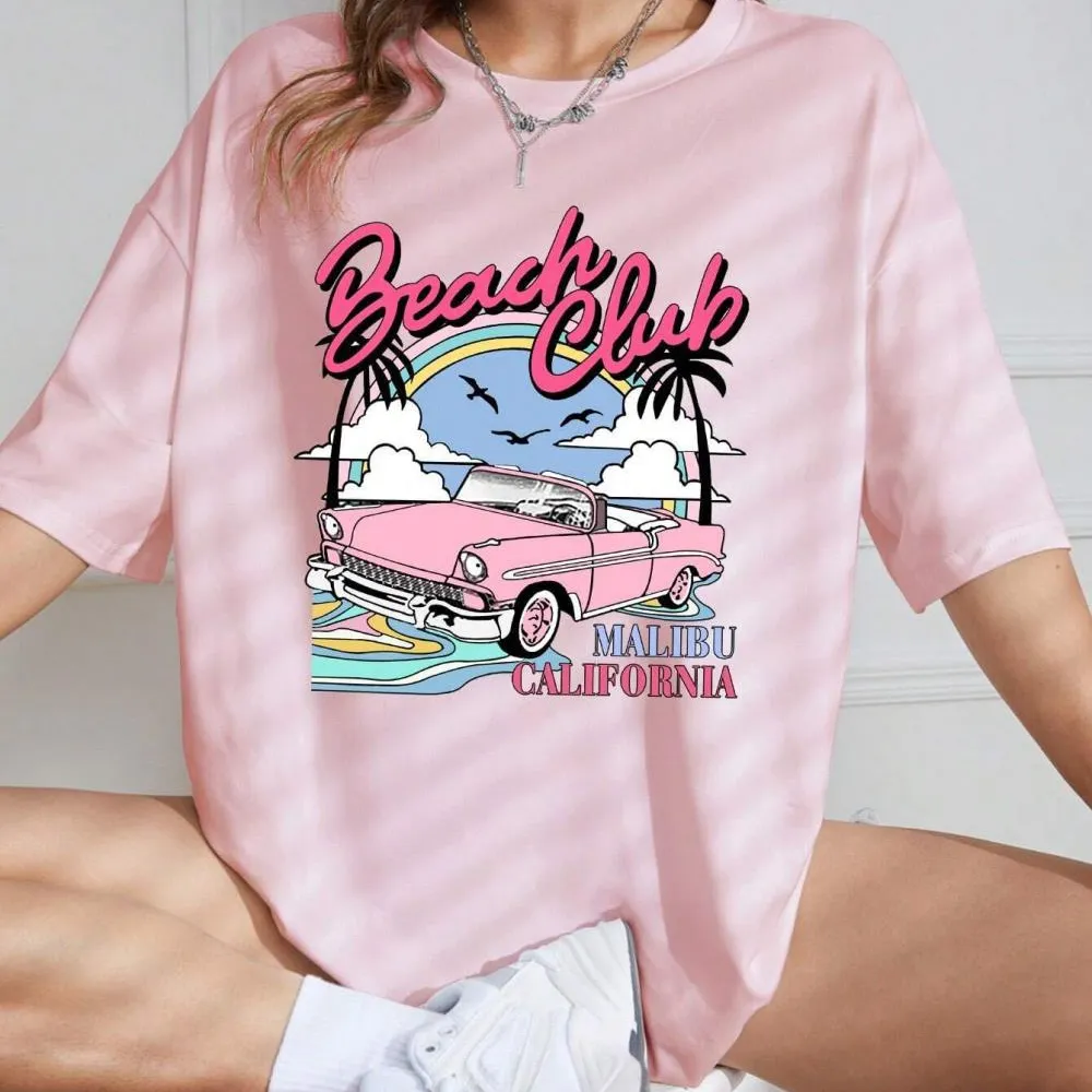Women Fashion Casual Summer Biker Pink Printed Short-Sleeve Loose T-Shirt