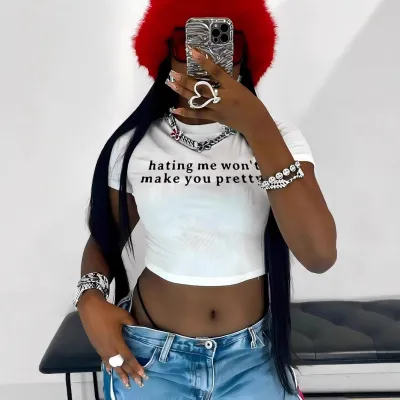 Women Fashion Casual Summer Letter Pattern Print Slim-Fit Short-Sleeve Crop Top T-Shirt
