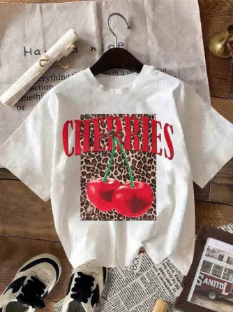 Women Fashion Casual Summer Cherry Leopard Print Short Sleeve T-Shirt