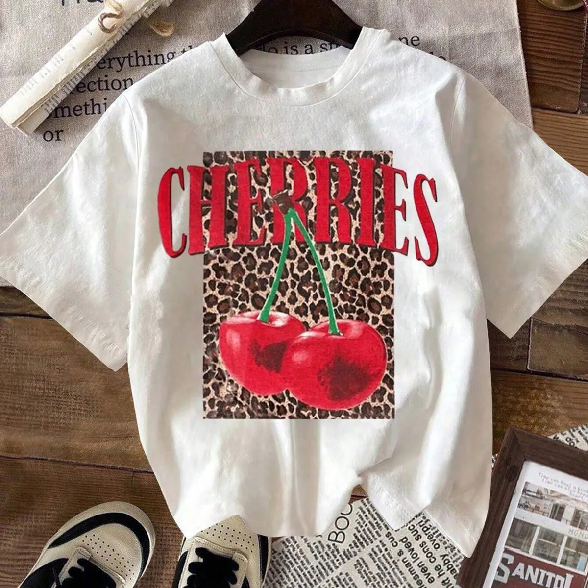 Women Fashion Casual Summer Cherry Leopard Print Short Sleeve T-Shirt