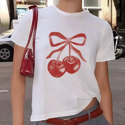 Women Fashion Casual Summer Cherry Bowknot Pattern Slim Fit Short Sleeve T-Shirt