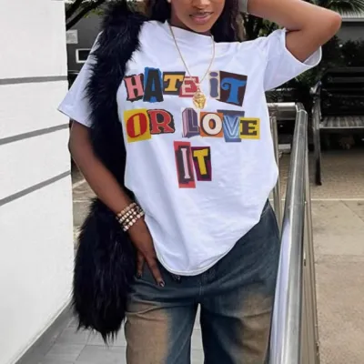 Women Fashion Casual Summer Letter Print Round Neck Short Sleeve Loose T-Shirt