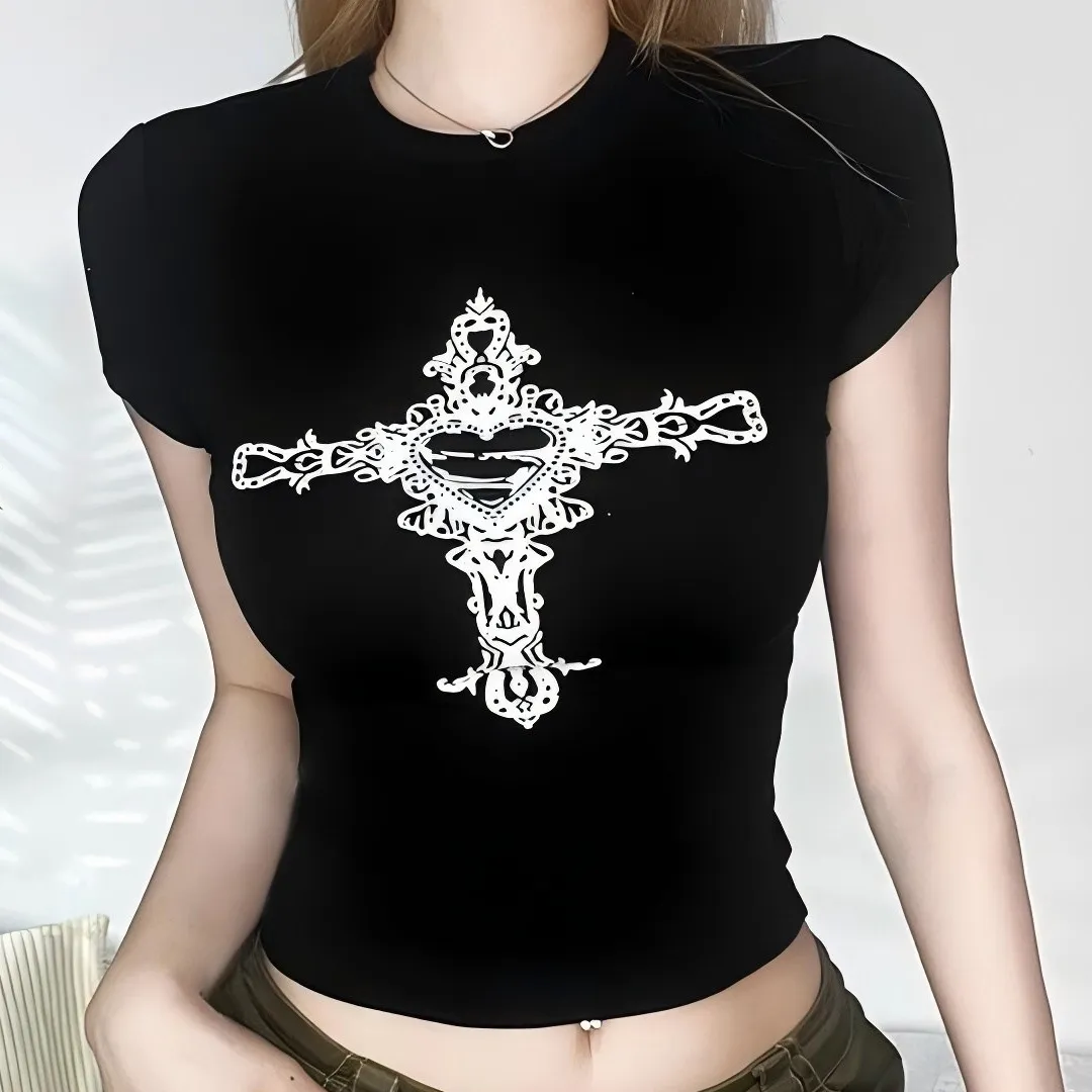 Women Fashion Sexy Cross Pattern Print Slim-Fit Short-Sleeve Crop Top T-Shirt