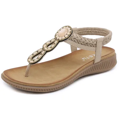 Women Fashion Boho Rhinestone Round-Toe Flat Sandals Plus Size Shoes