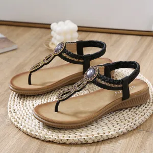 Women Fashion Boho Rhinestone Round-Toe Flat Sandals Plus Size Shoes