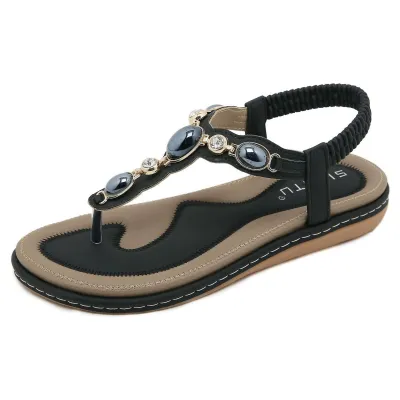 Women Fashion Casual Round-Toe Stone Decoration Flat Flip Sandals Plus Size