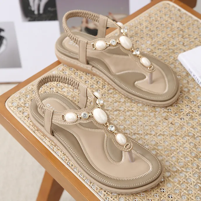 Women Fashion Casual Round-Toe Stone Decoration Flat Flip Sandals Plus Size