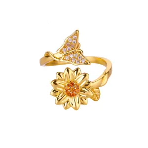 Women Fashion Retro Elegant Rhinestone Butterfly Sunflower 18k Gold Plated Ring