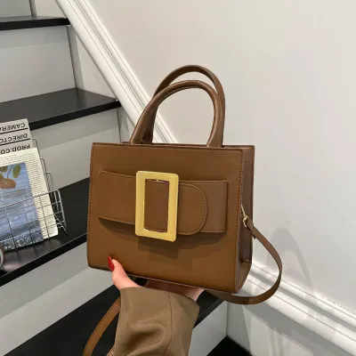 Women Retro Solid Color Metal Buckle Small Square PU Handbag