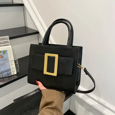 Women Retro Solid Color Metal Buckle Small Square PU Handbag