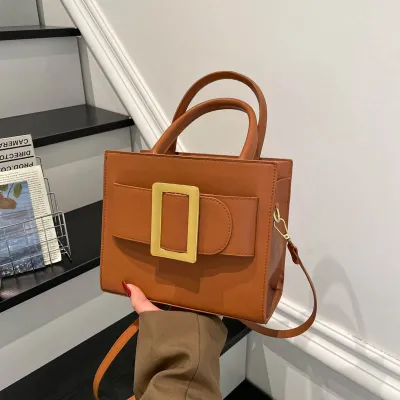 Women Retro Solid Color Metal Buckle Small Square PU Handbag