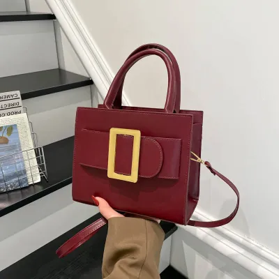 Women Retro Solid Color Metal Buckle Small Square PU Handbag
