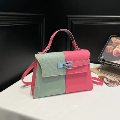 Women Fashion Casual Contrast Color Stitching PU Small Square Handbag