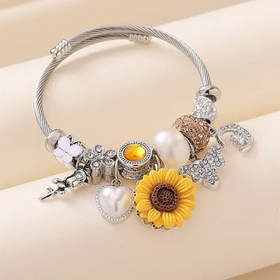Women Fashion Cute Beaded Sunflower Rose Stainless Steel Single Layer Bracelet