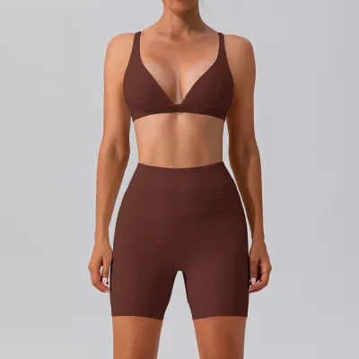 Women Fashion Summer Solid Color Quick-Dry Bra Tight Shorts Yoga Sports Two-Piece Set