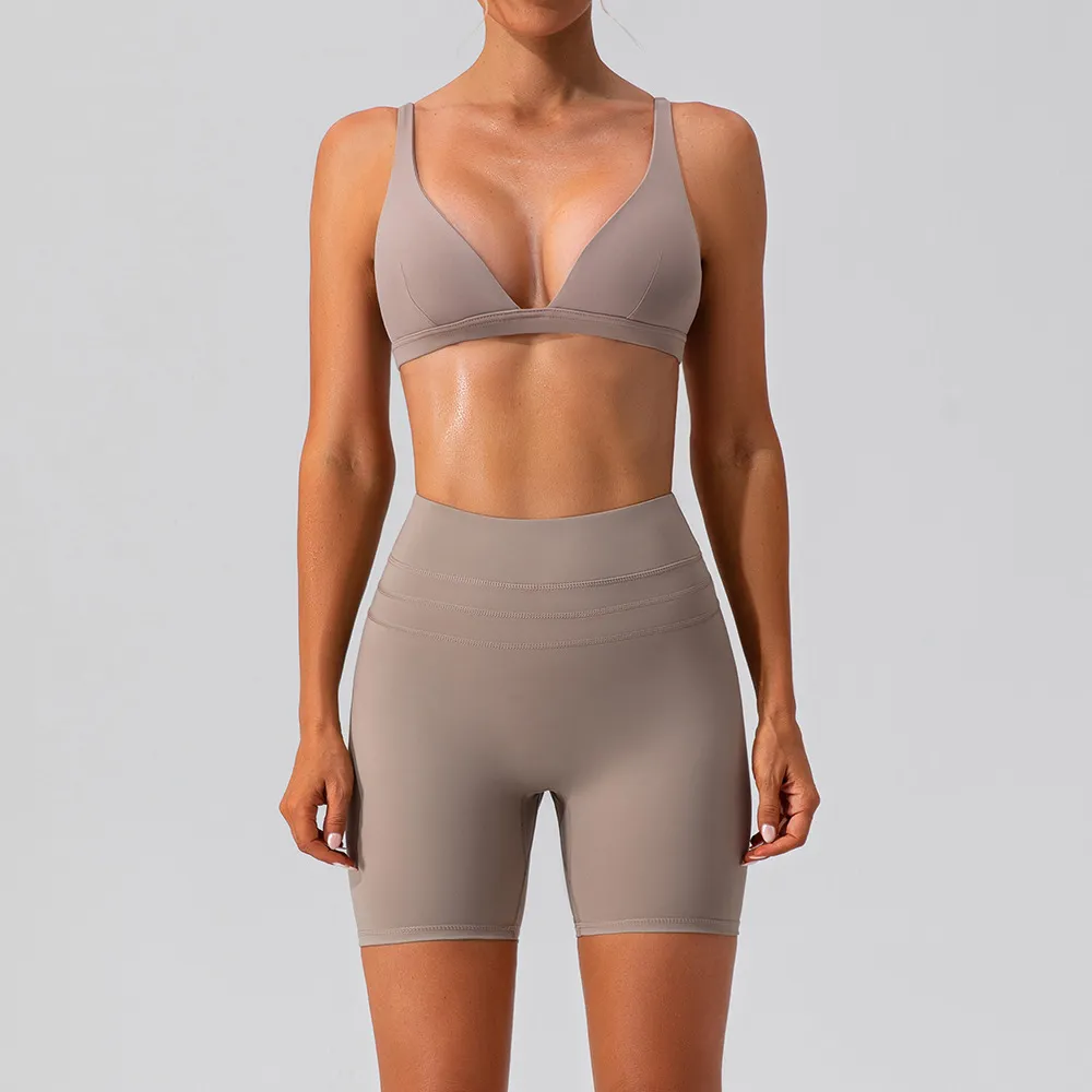 Women Fashion Summer Solid Color Quick-Dry Bra Tight Shorts Yoga Sports Two-Piece Set