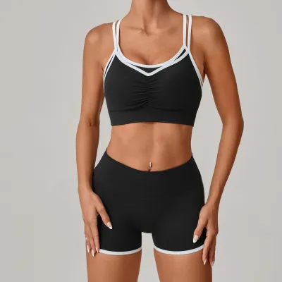 Women Fashion Sexy Summer Contrast Color Bra Tight Shorts Yoga Sports Two-Piece Set