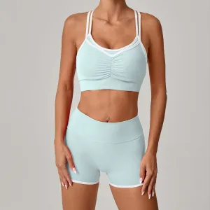 Women Fashion Sexy Summer Contrast Color Bra Tight Shorts Yoga Sports Two-Piece Set
