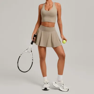 Women Fashion Summer Solid Color Tank Top Tight High Waist Pleated Skirt Shorts Tennis Sports Two-Piece Set