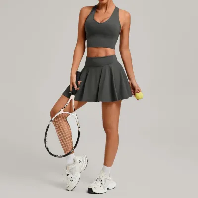 Women Fashion Summer Solid Color Tank Top Tight High Waist Pleated Skirt Shorts Tennis Sports Two-Piece Set