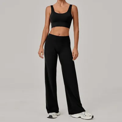 Women Fashion Solid Color Backless Bra Straight Pants Quick-Drying Yoga Sports Two-Piece Set