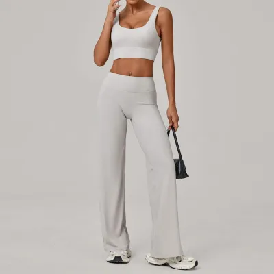Women Fashion Solid Color Backless Bra Straight Pants Quick-Drying Yoga Sports Two-Piece Set