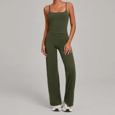 Women Fashion Simple Solid Color Camisole High Waist Pants Yoga Sports Two-Piece Set