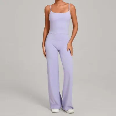 Women Fashion Simple Solid Color Camisole High Waist Pants Yoga Sports Two-Piece Set