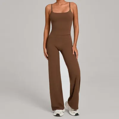 Women Fashion Simple Solid Color Camisole High Waist Pants Yoga Sports Two-Piece Set