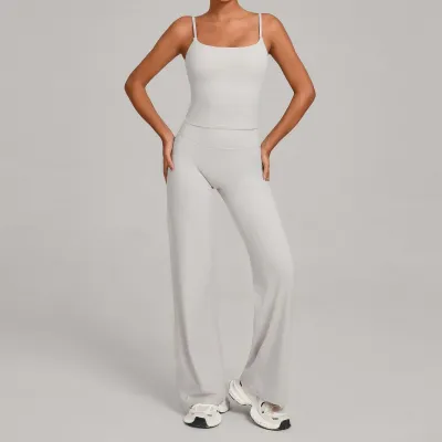 Women Fashion Simple Solid Color Camisole High Waist Pants Yoga Sports Two-Piece Set