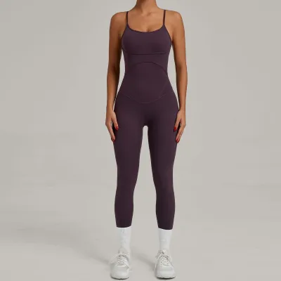 Women Fashion Solid Color Cross Backless Adjustable Tight Yoga Sports Juumpsuits