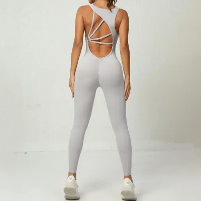 Women Fashion Solid Color Irregular Sleeveless Backless Yoga Sports Jumpsuits