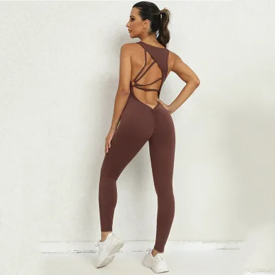 Women Fashion Solid Color Irregular Sleeveless Backless Yoga Sports Jumpsuits